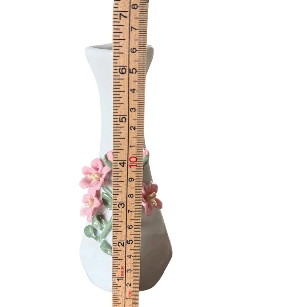 Vintage White Porcelain Bud Vase 3D Pink Floral Applied Design 7.25 Inch
